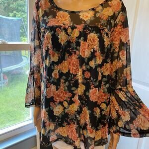 Y2K Bobbie Brooks Women L Floral Sheer Mesh Bell sleeves Blouse Fairy Cottage